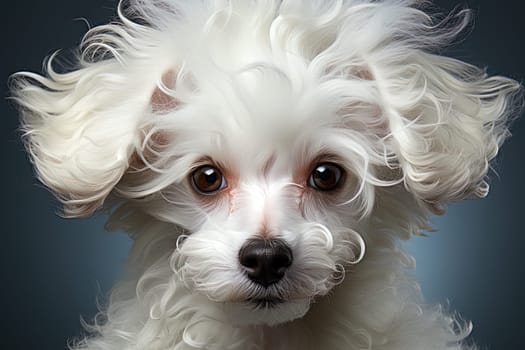 Portrait of white poodle, close up photo, studio photo. Ai generative art