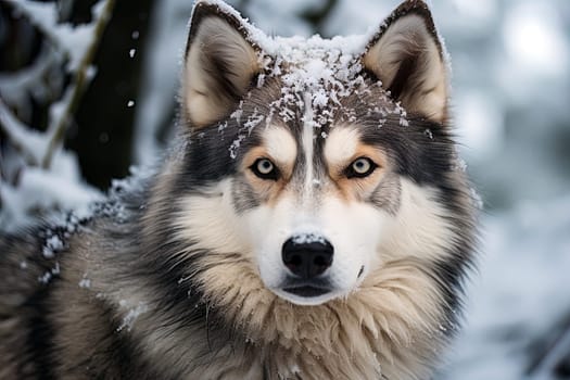 West Siberian Husky on a winter nature, ai generative art