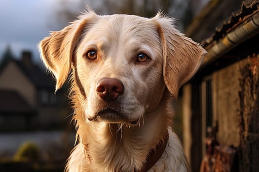 Portrait of a white Labrador retriever on a nature background, cropped photo, natural light. Ai generative art