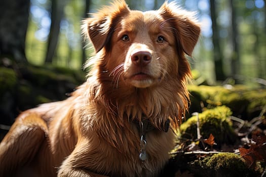 Portrait of Scotia Retriever on a nature background, close up cropped photo. Ai generative art