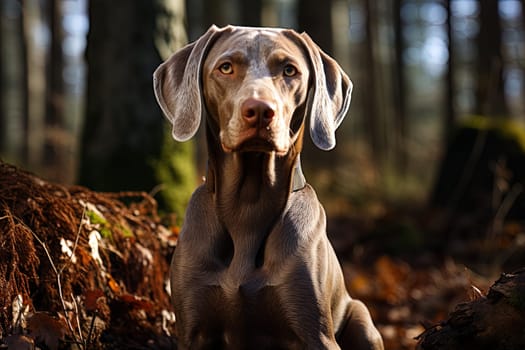 Portrait of Weimaraner cardigan on a nature background, close up cropped photo. Ai generative art