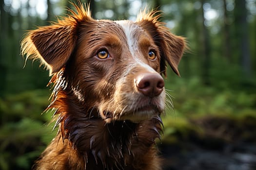 Portrait of Scotia Retriever on a nature background, close up cropped photo. Ai generative art