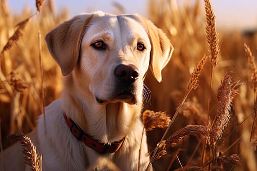 Portrait of a white Labrador retriever on a nature, cropped photo, natural light. Ai generative art