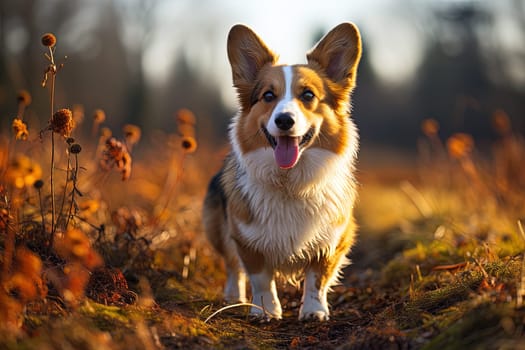 Portrait of Welsh Corgi cardigan on a autumn nature close up cropped photo. Ai generative art