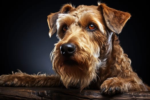 Portrait of Welsh Terrier on a black background, close up cropped photo. Ai generative art