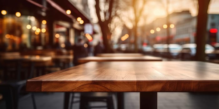Empty wooden at cafe with people blur background. For advertising. Generative AI.