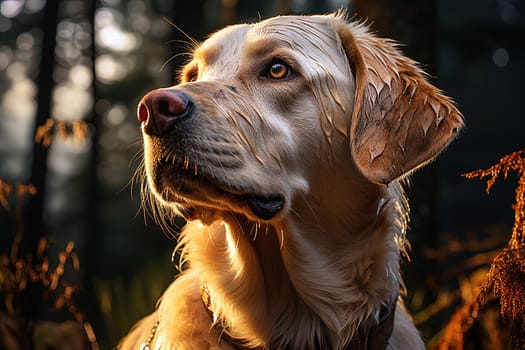 Portrait of a white Labrador retriever on a nature background, cropped photo, natural light. Ai generative art