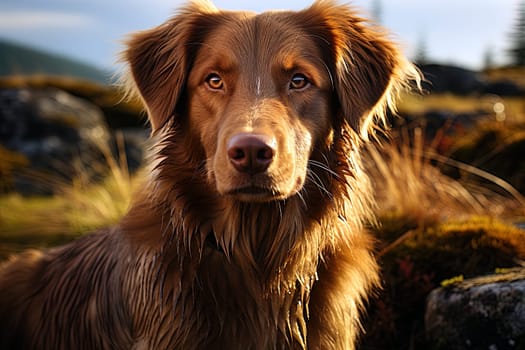 Portrait of Scotia Retriever on a nature background, close up cropped photo. Ai generative art