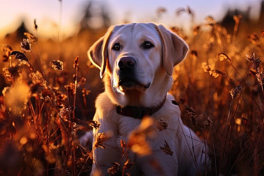 Portrait of a white Labrador retriever on a nature background, cropped photo, natural light. Ai generative art