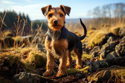 Portrait of Welsh Terrier on a nature, close up cropped photo. Ai generative art