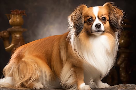 Portrait of Tibetan Spaniel on a neutral background, close up cropped photo. Ai generative art