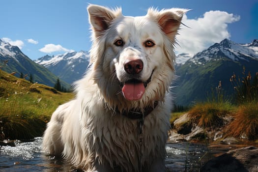 Portrait of white Swiss Shepherd dog on a nature, close up photo, morning light. Ai generative art