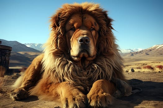 Portrait of Tibetan Mastiff on a nature background, close up cropped photo. Ai generative art