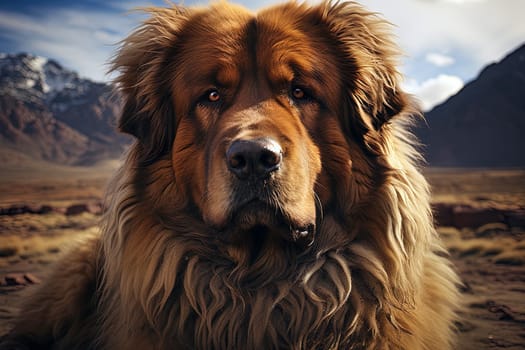 Portrait of Tibetan Mastiff on a nature background, close up cropped photo. Ai generative art