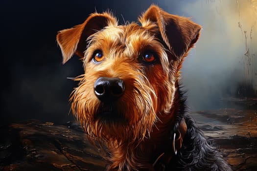 Portrait of Welsh Terrier on a black background, close up cropped photo. Ai generative art