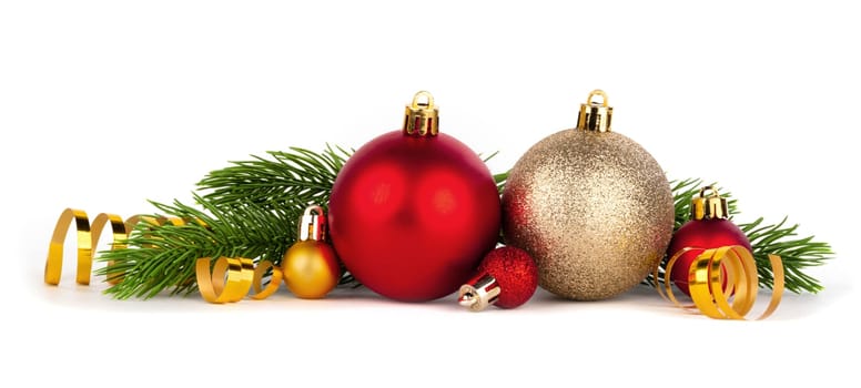 golden and red balls and fir isolated on white background