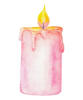 Pink burning wax candle. Hand drawn watercolor illustration. Good for event, Christmas and Happy New Year prints and decorations, invitations, cards, wedding designs. Romantic element of cozy interior.