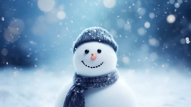 Snowman on the background of snow. Christmas background with a snowman rejoicing in the holiday. Space for text. High quality photo