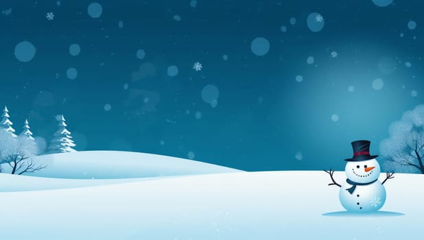 Snowman on the background of snow. Christmas background with a snowman rejoicing in the holiday. Space for text. High quality photo