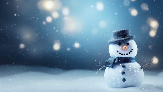 Snowman on the background of snow. Christmas background with a snowman rejoicing in the holiday. Space for text. High quality photo