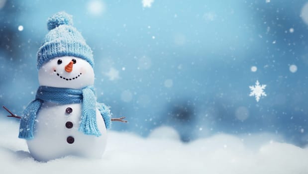 Snowman on the background of snow. Christmas background with a snowman rejoicing in the holiday. Space for text. High quality photo