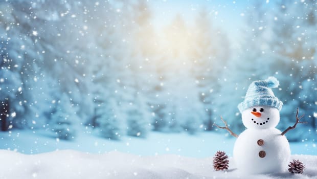 Snowman on the background of snow. Christmas background with a snowman rejoicing in the holiday. Space for text. High quality photo