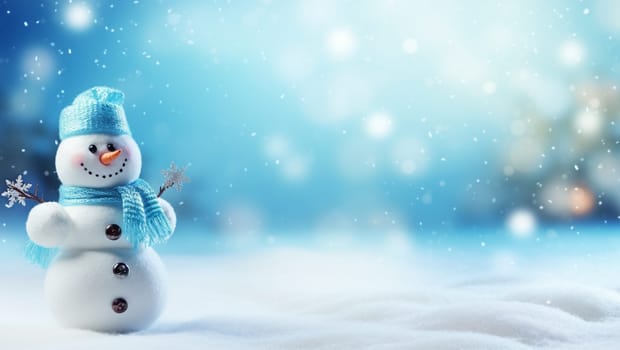 Snowman on the background of snow. Christmas background with a snowman rejoicing in the holiday. Space for text. High quality photo