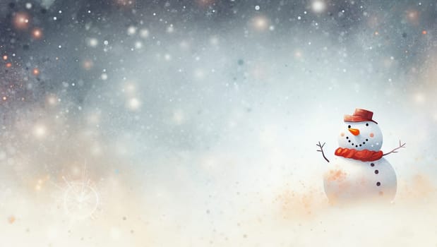 Snowman on the background of snow. Christmas background with a snowman rejoicing in the holiday. Space for text. High quality photo