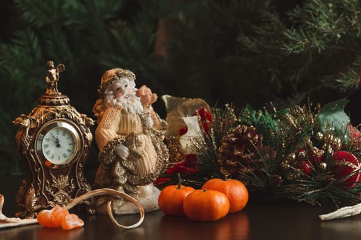 Christmas card. Tangerines, clock, spruce, candy, Santa