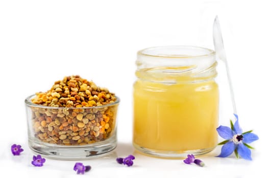 A variety of bee products. Honey, pollen, propolis, Apitherapy. Healthy products made by bees.