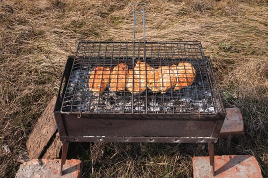 Chicken meat is grilled in a barbecue grill. Outdoor recreation