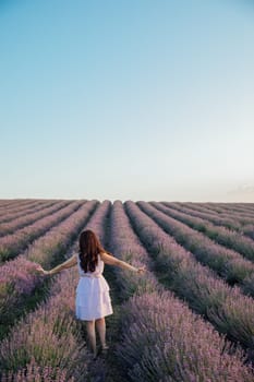 woman standing with her back in a field of lavender walk nature