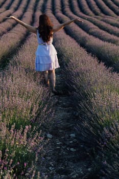 purple flowers walk journey beautiful woman brunette raised her hands up in lavender