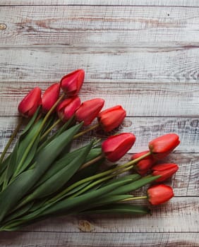 Red tulips with leaves lie on a wooden background