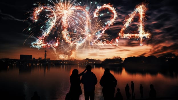 Firework explosion in the night sky celebrating happy new year 2024 . National firework shooting in the beautiful sky for a new year day of year 2024 .