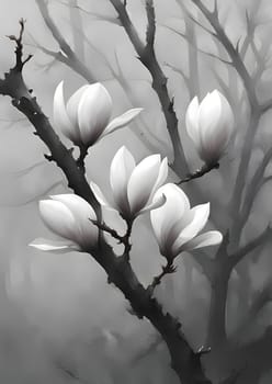 against the misty sky are white flowers on a branch, high detail, dark wood, march, magnolia stems, beautiful painting, blooming rhythm, beautiful shading, ruined nature, gray, beautiful aesthetic art, monochrome Generate AI