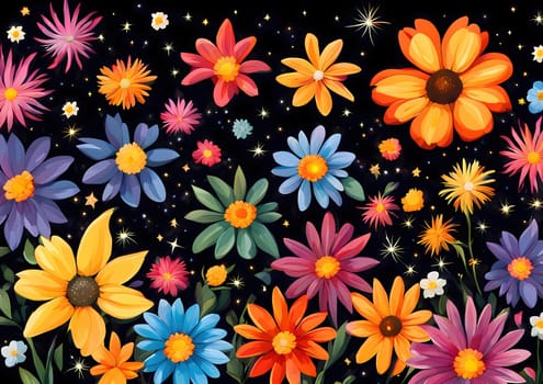 many colorful flowers on a black background, around the picture, in the center a view of the starry sky Generate AI