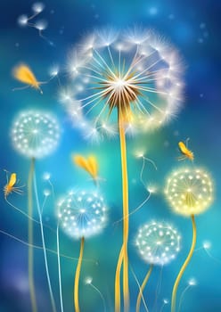 there are many different color dandelions on a blue background, blurred and dreamy illustration, fireflies and sparkling threads, connecting life, pastel colors, high detail illustration, parchment, decoration Generate AI