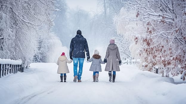 Happy family Father, mother and children are having fun and playing on snowy winter walk in nature. comeliness