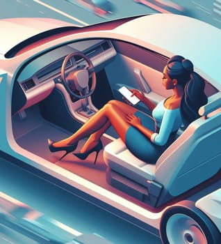 business woman working from autonomous driving ev car traveling fast in city traffic generative ai art