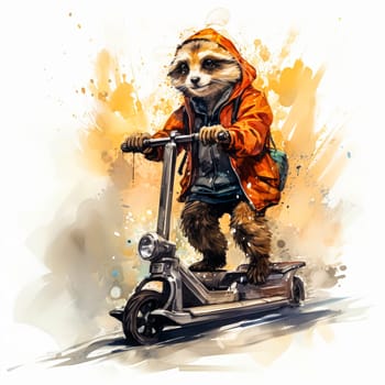 A watercolor image of a skateboard loving meerkat with a hipster flair, a fun and trendy image.