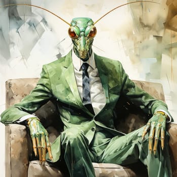 Awatercolor portrait features stylish grasshopper in business suit symbolizing ambition and grace. High quality illustration