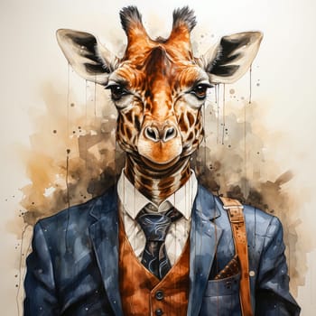 A watercolor drawing of a giraffe in a formal suit is a charming and whimsical take on stock photography