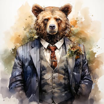 watercolor illustration of a bear in a business suit, a unique and captivating image. High quality illustration