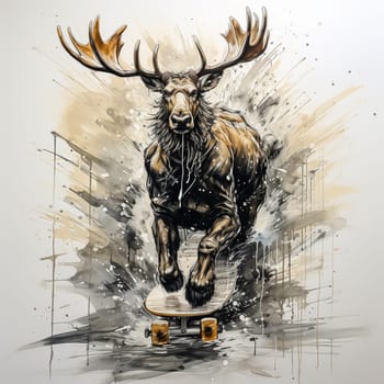 A watercolor depiction of a moose effortlessly riding a skateboard adds a playful touch.