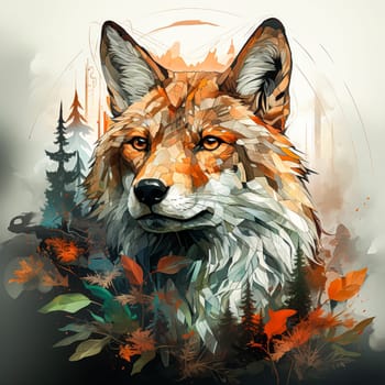 Watercolor portrait of a fox on the background of a forest. High quality illustration