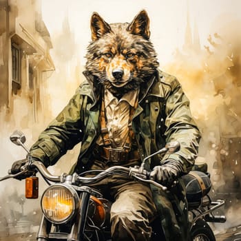 A wolf in a green raincoat rides through the city on a watercolor motorcycle. High quality illustration