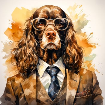 A watercolor drawing of an English Cocker Spaniel in a formal suit is an adorable and whimsical take on stock photography
