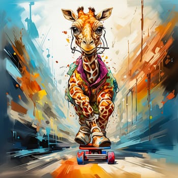 A watercolor illustration of a fashionable giraffe on a skateboard that combines whimsy with urban cool.