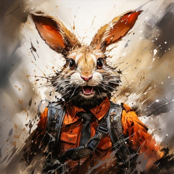 Rabbit in rescue suit on smoke background watercolor. High quality illustration